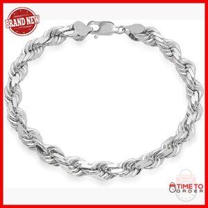 Sterling Silver Rope Link Bracelet, Diamond-Cut Chain, 7MM, Unisex